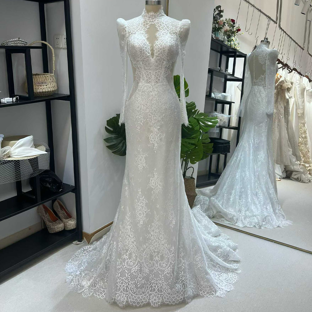 Embroidery Organza - 여성용 긴팔 터틀넥 웨딩드레스 2026 자수