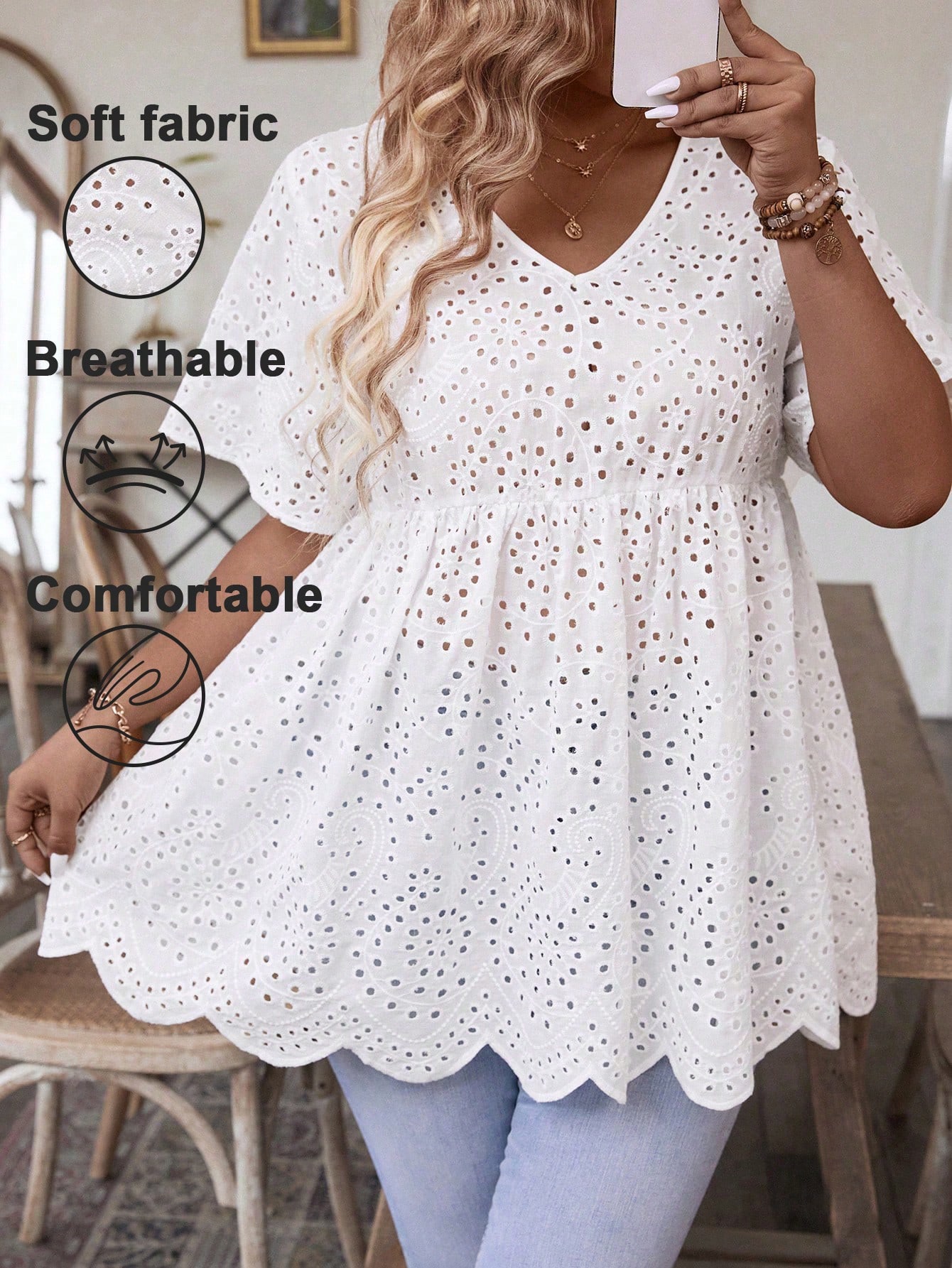 Embroidery Eyelet - 여성용 플러스 사이즈 화이트 아일렛 자수