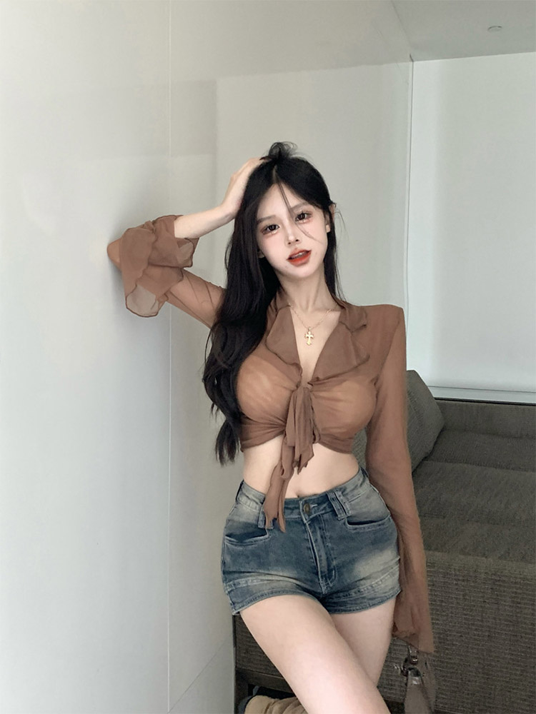 여성용 긴 플레어 소매 블라우스, 레이스업 메쉬, 섹시 - Embroidery Online 리뷰 및 가격