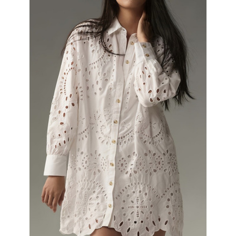 여성 솔리드 아일렛 자수 셔츠 드레스 라펠 반팔 루즈  - Embroidery Eyelet 리뷰 및 가격