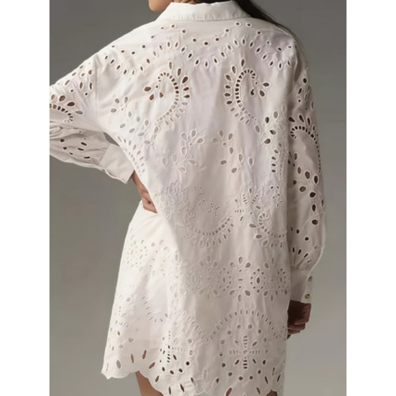 여성 솔리드 아일렛 자수 셔츠 드레스 라펠 반팔 루즈  - Embroidery Eyelet 리뷰 및 가격