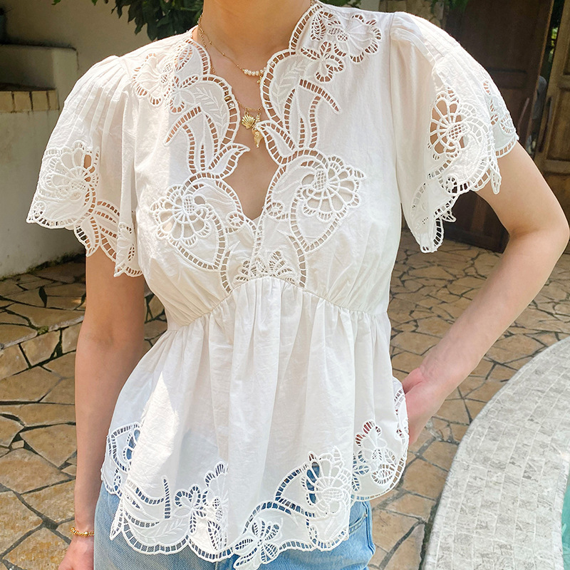 프랑스 스타일 꽃무늬 아일렛 자수 블라우스 셔츠 여성  - Embroidery Eyelet 리뷰 및 가격