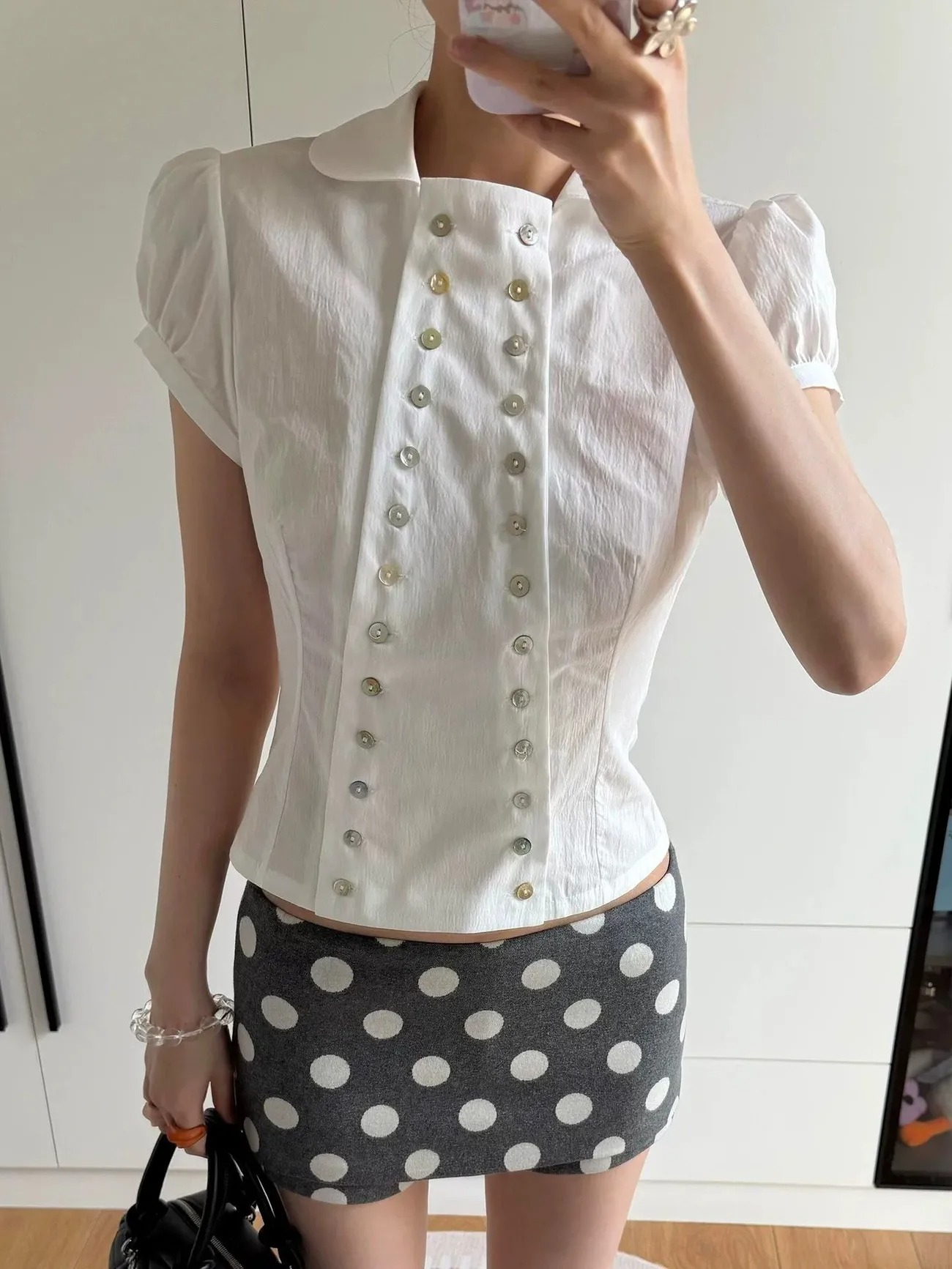 Y2K 에스테틱 피터팬 칼라 블라우스 퍼프 슬리브 슬림 - Embroidery Online 리뷰 및 가격