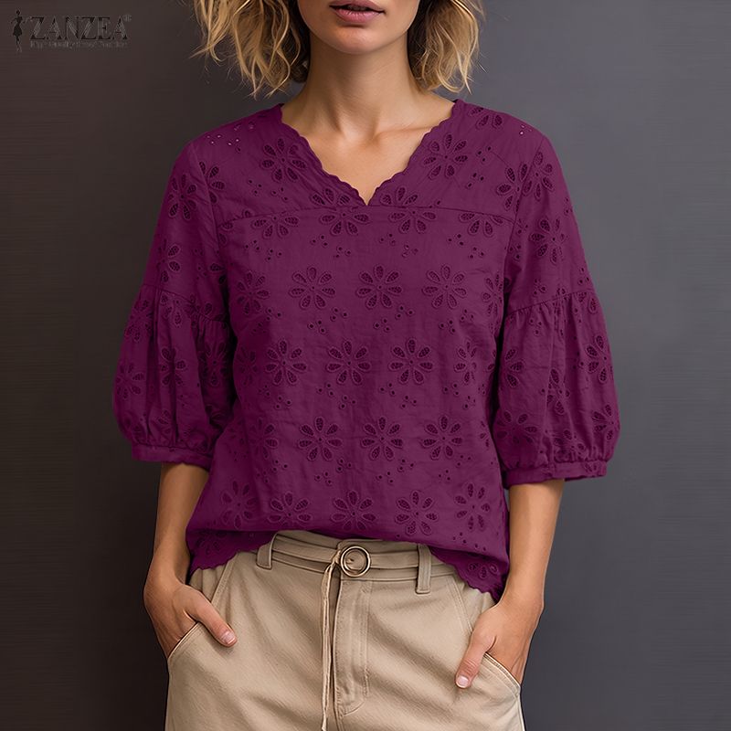 ZANZEA 2026 아일렛 자수 블라우스 여성 V 넥 - Embroidery Eyelet 리뷰 및 가격