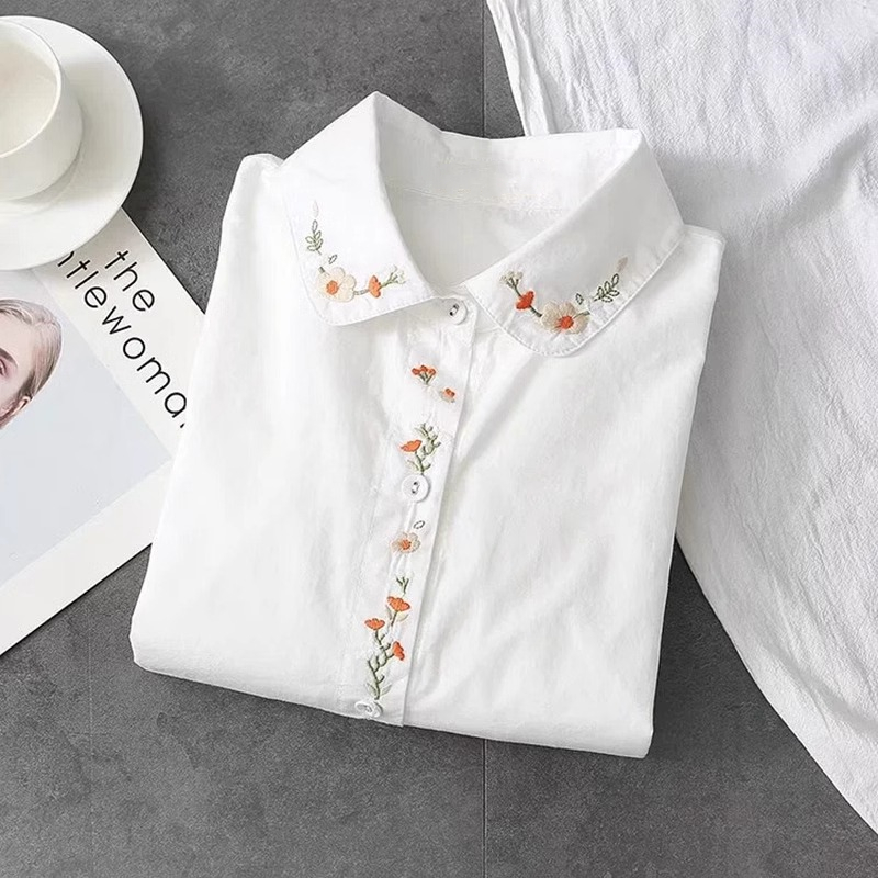 새로운 순수 코튼 화이트 셔츠 여성은 칼라 수 놓은 긴 - Embroidery Online 리뷰 및 가격