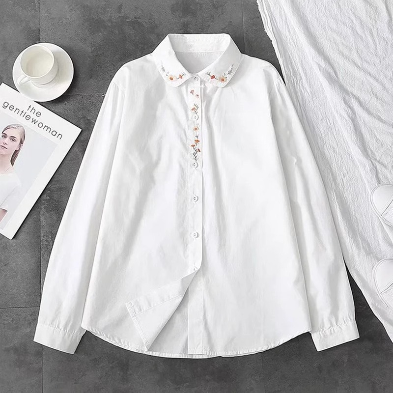 새로운 순수 코튼 화이트 셔츠 여성은 칼라 수 놓은 긴 - Embroidery Online 리뷰 및 가격